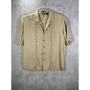 A[X]IST Shirt Men's Large Tan 100% Silk Button-Up Short Sleeve Washable